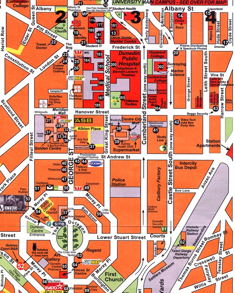 A larger-scale map showing the heart of the city with the University sitting just off the map to the top-right