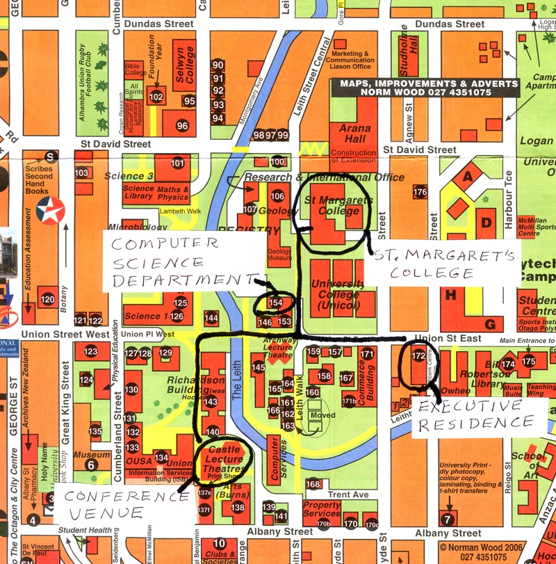 A map showing the layout of the campus, location of the venues and how to get between each venue.